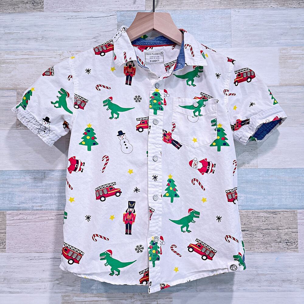 FREE PLANET Dinosaur Christmas Shirt Short Sleeve Button Up T Rex Cotton Boys 7
